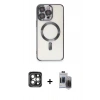 MARSİLYAN™- iPhone 15 Pro Max Kılıf Nova Işık Özel Seri - Siyah Vanessa Magic Hayalet Cam + Gri PVD Metal Kamera Lens