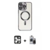 MARSİLYAN™- iPhone 15 Pro Max Kılıf Nova Işık Özel Seri - Siyah Vanessa Magic Hayalet Cam + Gümüş PVD Metal Kamera Lens