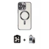 MARSİLYAN™- iPhone 15 Pro Max Kılıf Nova Işık Özel Seri - Siyah Vanessa Magic Hayalet Cam + Turuncu PVD Metal Kamera Lens