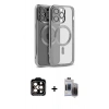 MARSİLYAN™- iPhone 15 Pro Max Kılıf Nova Işık Özel Seri - Siyah Vanessa Magic Hayalet Cam + Turuncu PVD Metal Kamera Lens
