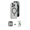 MARSİLYAN™- iPhone 15 Pro Max Kılıf Odak Form Özel Seri - Şeffaf Pasifik Cam Ekran Koruyucu + Gümüş PVD Metal Kamera Lens