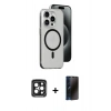 MARSİLYAN™- iPhone 15 Pro Max Kılıf Odak Form Özel Seri - Siyah 3D Antistatik Hayalet Cam Ekran Koruyucu + PVD Metal Kamera Lens - SH