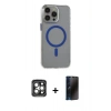 MARSİLYAN™- iPhone 15 Pro Max Kılıf Odak Form Özel Seri - Siyah 3D Antistatik Hayalet Cam Ekran Koruyucu + Gri PVD Metal Kamera Lens