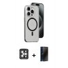 MARSİLYAN™- iPhone 15 Pro Max Kılıf Odak Form Özel Seri - Siyah 3D Antistatik Hayalet Cam Ekran Koruyucu + Gri PVD Metal Kamera Lens