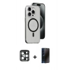 MARSİLYAN™- iPhone 15 Pro Max Kılıf Odak Form Özel Seri - Siyah 3D Antistatik Hayalet Cam Ekran Koruyucu + PVD Metal Kamera Lens - LT