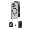 MARSİLYAN™- iPhone 15 Pro Max Kılıf Odak Form Özel Seri - Siyah 3D Antistatik Hayalet Cam Ekran Koruyucu + PVD Metal Kamera Lens - TU