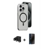 MARSİLYAN™- iPhone 15 Pro Max Kılıf Odak Form Özel Seri - Siyah 3D Antistatik Hayalet Cam Ekran Koruyucu + Raze Metal Kamera Lens - SH