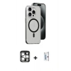 MARSİLYAN™- iPhone 15 Pro Max Kılıf Odak Form Özel Seri - Siyah Bilvis 0.18mm Plus Cam Ekran Koruyucu + PVD Metal Kamera Lens - GS