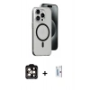 MARSİLYAN™- iPhone 15 Pro Max Kılıf Odak Form Özel Seri - Siyah Bilvis 0.18mm Plus Cam Ekran Koruyucu + PVD Metal Kamera Lens - TU