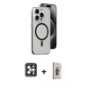 MARSİLYAN™- iPhone 15 Pro Max Kılıf Odak Form Özel Seri - Siyah Bilvis 3D Cam Ekran Koruyucu + PVD Metal Kamera Lens - GI