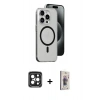 MARSİLYAN™- iPhone 15 Pro Max Kılıf Odak Form Özel Seri - Siyah Bilvis 3D Cam Ekran Koruyucu + PVD Metal Kamera Lens - SH
