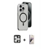 MARSİLYAN™- iPhone 15 Pro Max Kılıf Odak Form Özel Seri - Siyah Bilvis 3D Mat Cam Ekran Koruyucu + Gümüş PVD Metal Kamera Lens