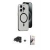 MARSİLYAN™- iPhone 15 Pro Max Kılıf Odak Form Özel Seri - Siyah Bilvis 3D Mat Cam Ekran Koruyucu + Gümüş Raze Metal Kamera Lens