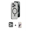 MARSİLYAN™- iPhone 15 Pro Max Kılıf Odak Form Özel Seri - Siyah Bilvis 3D Mat Cam Ekran Koruyucu + PVD Metal Kamera Lens - LT