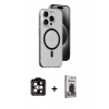 MARSİLYAN™- iPhone 15 Pro Max Kılıf Odak Form Özel Seri - Siyah Bilvis Hayalet Cam Ekran Koruyucu + PVD Metal Kamera Lens - TU
