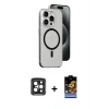 MARSİLYAN™- iPhone 15 Pro Max Kılıf Odak Form Özel Seri - Siyah Buffer Hayalet Cam Ekran Koruyucu + PVD Metal Kamera Lens - SH