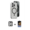 MARSİLYAN™- iPhone 15 Pro Max Kılıf Odak Form Özel Seri - Siyah Buffer Hayalet Cam Ekran Koruyucu + PVD Metal Kamera Lens - GS
