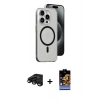 MARSİLYAN™- iPhone 15 Pro Max Kılıf Odak Form Özel Seri - Siyah Buffer Hayalet Cam Ekran Koruyucu + Siyah Raze Metal Kamera Lens