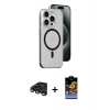MARSİLYAN™- iPhone 15 Pro Max Kılıf Odak Form Özel Seri - Siyah Buffer Hayalet Cam Ekran Koruyucu + Titanyum Gri Raze Metal Kamera Lens