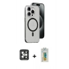 MARSİLYAN™- iPhone 15 Pro Max Kılıf Odak Form Özel Seri - Siyah Polymer Nano Ekran Koruyucu + Gri PVD Metal Kamera Lens