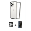 MARSİLYAN™- iPhone 15 Pro Max Kılıf Pusula Asil Koleksiyonu - Siyah 3D Antistatik Hayalet Cam Ekran Koruyucu + Gümüş PVD Metal Kamera Lens