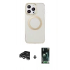 MARSİLYAN™- iPhone 15 Pro Max Kılıf Pusula Form - Şeffaf 360 Full Body Arka Koruyucu + Gümüş Raze Metal Kamera Lens