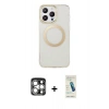 MARSİLYAN™- iPhone 15 Pro Max Kılıf Pusula Form - Şeffaf Pasifik Cam Ekran Koruyucu + PVD Metal Kamera Lens - GS