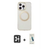 MARSİLYAN™- iPhone 15 Pro Max Kılıf Pusula Form - Şeffaf Pasifik Cam Ekran Koruyucu + PVD Metal Kamera Lens - SH
