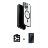 MARSİLYAN™- iPhone 15 Pro Max Kılıf Pusula Form Serisi - Siyah 3D Antistatik Hayalet Cam Ekran Koruyucu + PVD Metal Kamera Lens - TU