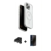 MARSİLYAN™- iPhone 15 Pro Max Kılıf Pusula Form Serisi - Siyah 3D Antistatik Hayalet Cam Ekran Koruyucu + Gümüş Raze Metal Kamera Lens