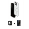 MARSİLYAN™- iPhone 15 Pro Max Kılıf Pusula Form Serisi - Siyah 3D Antistatik Hayalet Cam Ekran Koruyucu + PVD Metal Kamera Lens - SH