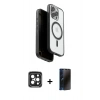 MARSİLYAN™- iPhone 15 Pro Max Kılıf Pusula Form Serisi - Siyah 3D Antistatik Hayalet Cam Ekran Koruyucu + PVD Metal Kamera Lens - SH