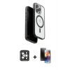 MARSİLYAN™- iPhone 15 Pro Max Kılıf Pusula Form Serisi - Siyah 3D Antistatik Mat Seramik Nano Ekran Koruyucu + Gri PVD Metal Kamera Lens
