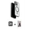 MARSİLYAN™- iPhone 15 Pro Max Kılıf Pusula Form Serisi - Siyah Bilvis Hayalet Cam Ekran Koruyucu + Gri PVD Metal Kamera Lens
