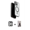 MARSİLYAN™- iPhone 15 Pro Max Kılıf Pusula Form Serisi - Siyah Bilvis Hayalet Cam Ekran Koruyucu + Gümüş PVD Metal Kamera Lens