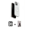 MARSİLYAN™- iPhone 15 Pro Max Kılıf Pusula Form Serisi - Siyah Bilvis Hayalet Cam Ekran Koruyucu + Gümüş PVD Metal Kamera Lens