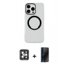 MARSİLYAN™- iPhone 15 Pro Max Kılıf Pusula Form - Siyah 3D Antistatik Hayalet Cam Ekran Koruyucu + PVD Metal Kamera Lens - GI