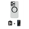 MARSİLYAN™- iPhone 15 Pro Max Kılıf Pusula Form - Siyah 3D Antistatik Hayalet Cam Ekran Koruyucu + Turuncu PVD Metal Kamera Lens