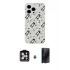 MARSİLYAN™- iPhone 15 Pro Max Kılıf Pusula Form - Siyah 3D Antistatik Hayalet Cam Ekran Koruyucu + Turuncu PVD Metal Kamera Lens