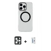 MARSİLYAN™- iPhone 15 Pro Max Kılıf Pusula Form - Siyah Bilvis 0.18mm Plus Cam Ekran Koruyucu + Lacivert PVD Metal Kamera Lens