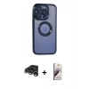 MARSİLYAN™- iPhone 15 Pro Max Kılıf Pusula Form - Siyah Bilvis 3D Mat Cam Ekran Koruyucu + Gümüş Raze Metal Kamera Lens