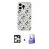 MARSİLYAN™- iPhone 15 Pro Max Kılıf Pusula Form - Siyah Bilvis 5in1 5D Magic Hayalet Cam Ekran Koruyucu + Gümüş PVD Metal Kamera Lens