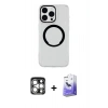 MARSİLYAN™- iPhone 15 Pro Max Kılıf Pusula Form - Siyah Bilvis 5in1 5D Magic Hayalet Cam Ekran Koruyucu + Gümüş PVD Metal Kamera Lens