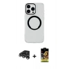 MARSİLYAN™- iPhone 15 Pro Max Kılıf Pusula Form - Siyah Buffer Cam Ekran Koruyucu + Gümüş Raze Metal Kamera Lens
