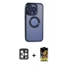 MARSİLYAN™- iPhone 15 Pro Max Kılıf Pusula Form - Siyah Buffer Cam Ekran Koruyucu + Lacivert PVD Metal Kamera Lens