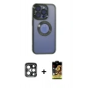 MARSİLYAN™- iPhone 15 Pro Max Kılıf Pusula Form - Siyah Buffer Cam Ekran Koruyucu + Lacivert PVD Metal Kamera Lens