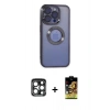 MARSİLYAN™- iPhone 15 Pro Max Kılıf Pusula Form - Siyah Buffer Cam Ekran Koruyucu + Lacivert PVD Metal Kamera Lens