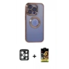MARSİLYAN™- iPhone 15 Pro Max Kılıf Pusula Form - Siyah Buffer Cam Ekran Koruyucu + Lacivert PVD Metal Kamera Lens
