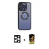 MARSİLYAN™- iPhone 15 Pro Max Kılıf Pusula Form - Siyah Buffer Cam Ekran Koruyucu + Lacivert PVD Metal Kamera Lens