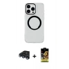 MARSİLYAN™- iPhone 15 Pro Max Kılıf Pusula Form - Siyah Buffer Cam Ekran Koruyucu + Lacivert Raze Metal Kamera Lens